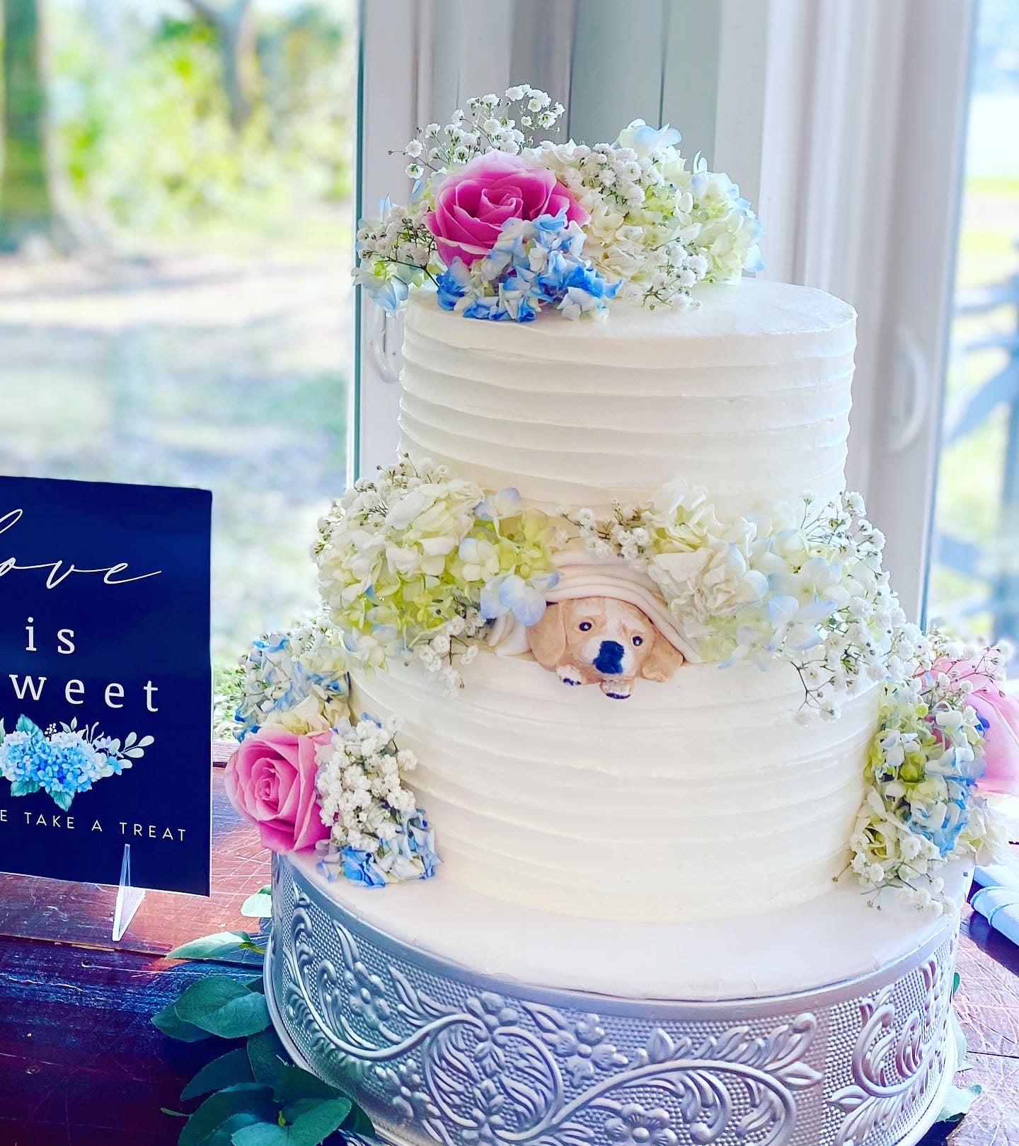 All texture wedding cake with edible dog